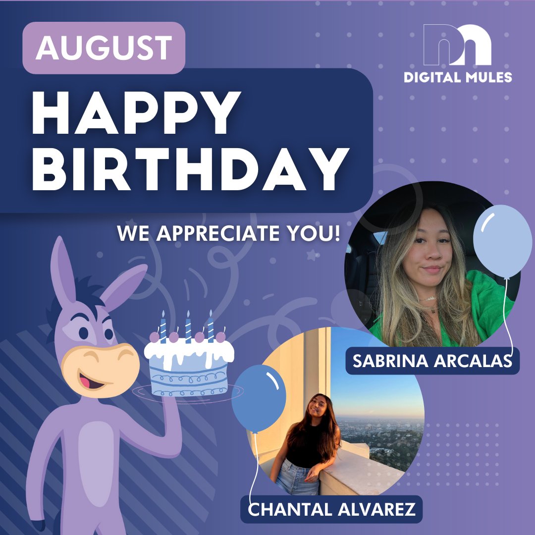 DigitalMules's tweet photo. We want to wish a very happy birthday this month to two of our incredible team members Chantal, Account Manager, and Sabrina, Design Director! 🥳 #AugustBirthday #BirthdayShoutout https://t.co/lCwnu6e6mQ