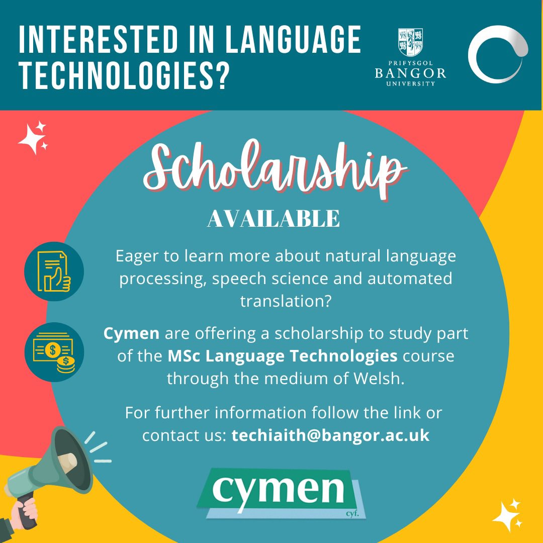 techiaith's tweet image. 📢 A fantastic opportunity for anyone wanting to study the MSc Language Technologies course at Bangor University.

💰 @Cymen_cyfieithu are offering a scholarship to study part of the couse through the medium of Welsh!

👉 For more information visit: tinyurl.com/ysgoloriaethcy…