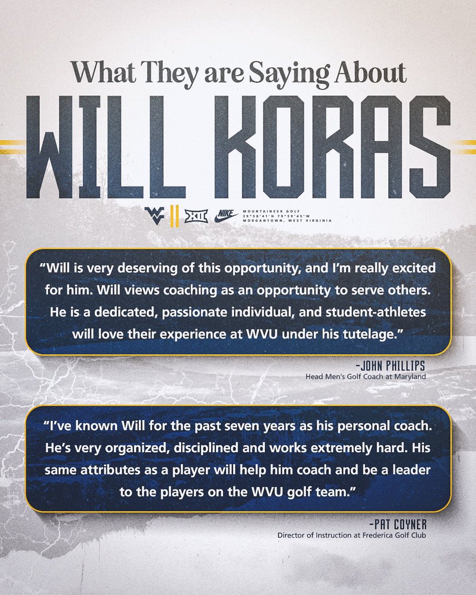Let’s welcome Will Koras to Mountaineer Golf as our assistant coach! ▶️ wvusports.com/news/2023/8/17… #HailWV | @wxkoras24