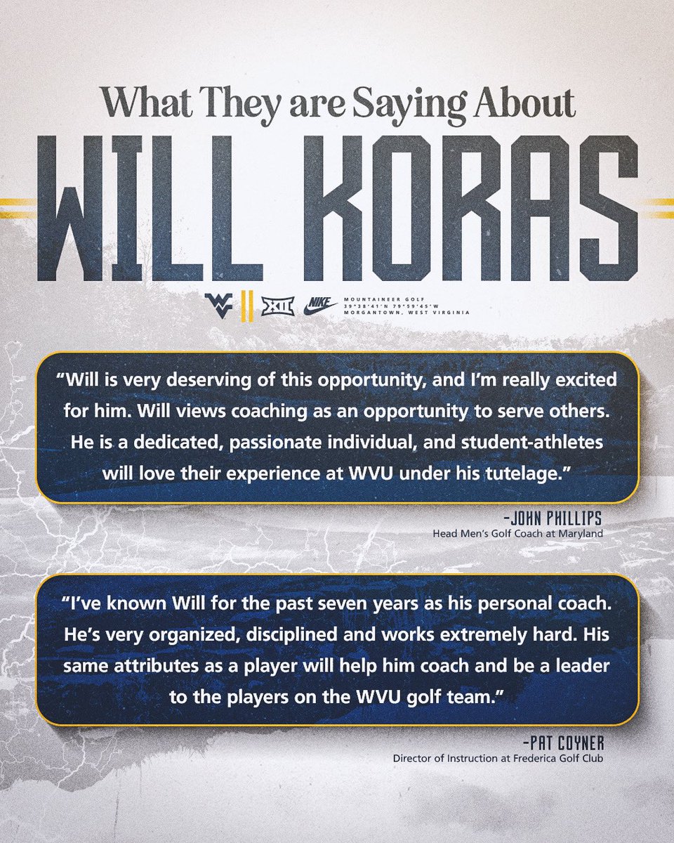 WVU Golf (@wvugolf) on Twitter photo Let’s welcome Will Koras to Mountaineer Golf as our assistant coach!
▶️ wvusports.com/news/2023/8/17…
#HailWV | <a href="/wxkoras24/">Will Koras</a> Let’s welcome Will Koras to Mountaineer Golf as our assistant coach!
▶️ wvusports.com/news/2023/8/17…
#HailWV | <a href="/wxkoras24/">Will Koras</a>