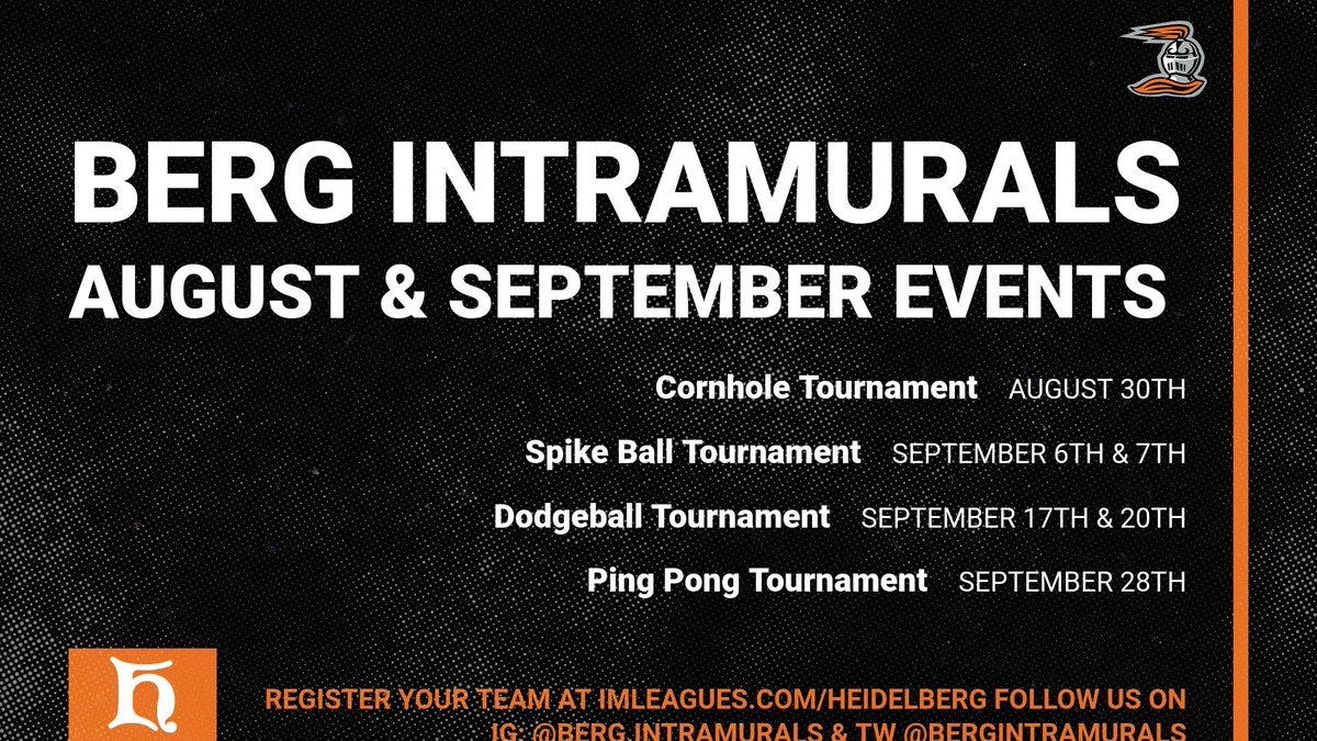 BERGIntramurals's tweet image. Here is our schedule for August &amp;amp; September! Dates are to come! But our first event will be a Cornhole Tournament August 30th at 7pm to 9pm outside Saurwein by the grass next to the pond! Bring a friend for this tournament and get a chance to win a prize! First place winners only