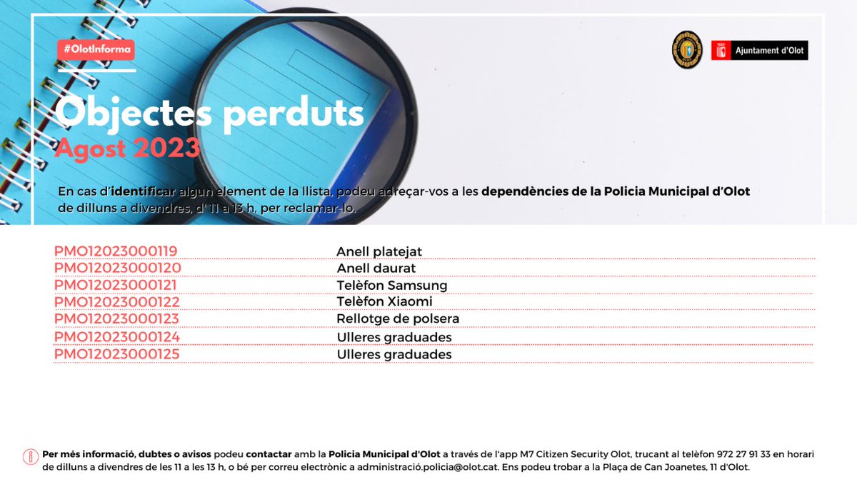 Olotuit's tweet photo. #OlotInforma | 📍 Aquí podeu trobar la relació d’objectes perduts a #Olot d'aquest agost.
➡️ En cas d’identificar algun element, podeu dirigir-vos a la Policia Municipal d’Olot.
ℹ️ Per consultes o més informació 👉🏼 972 27 91 33.
#AjuntamentOlot #femOlot #objectesperduts https://t.co/k9Sfy6VwXd