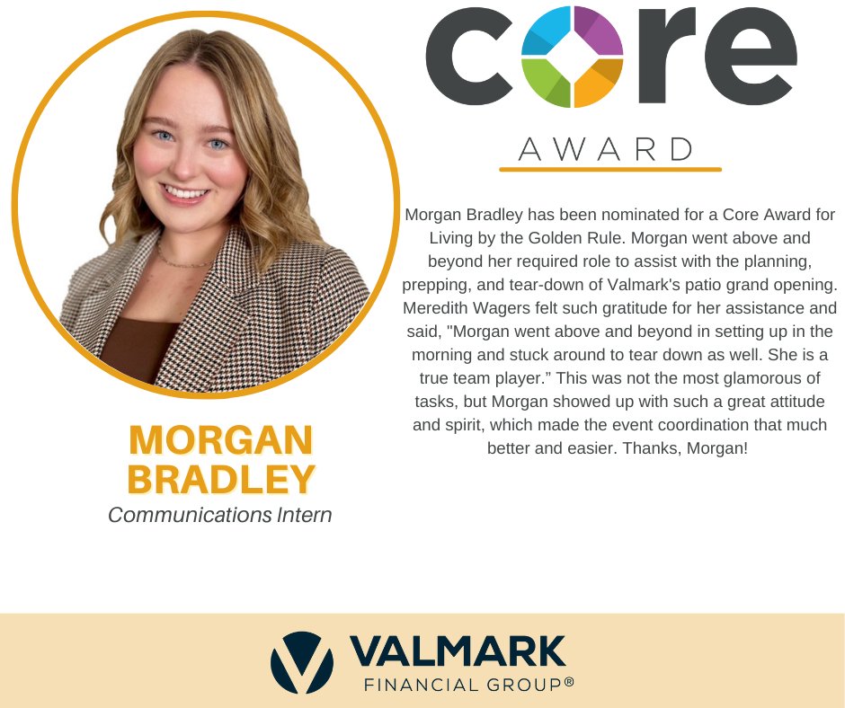 ValmarkFG's tweet photo. Last month, Valmark employee, Morgan Bradley, was nominated for a Core Award for displaying our core value of Living by the Golden Rule. Way to go, Morgan! https://t.co/zAnZa12Oxy