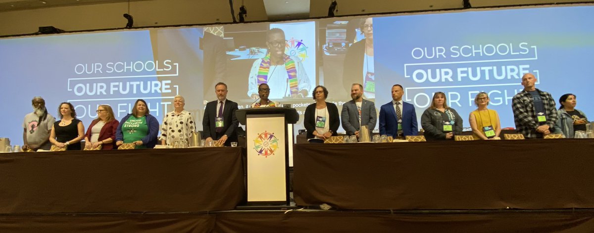 ETFOeducators's tweet photo. @ETFOpresident says “I'm looking forward to working with this incredible team. I know that this Executive will work together to stand up to this govt. We will have each other backs, just as we have your backs and we know you have ours.” #onpoli #ETFOAM2023 https://t.co/6R1EaLQ4CU