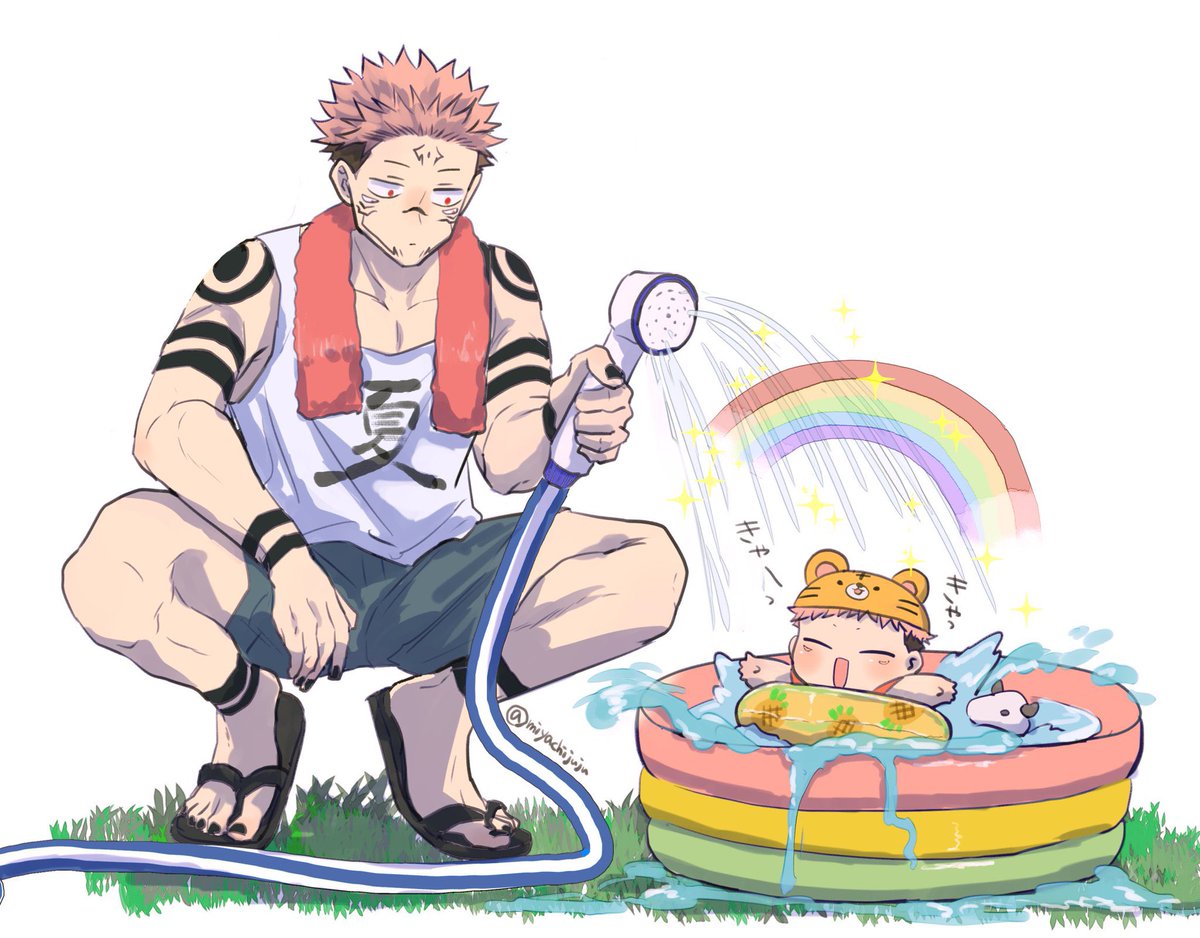 itadori yuuji ,ryoumen sukuna (jujutsu kaisen) male focus wading pool rainbow pink hair tattoo hose 2boys  illustration images