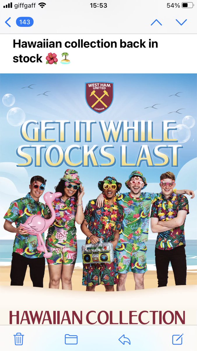 ShrubbJason's tweet photo. With usual sensitivity and timing notwithstanding the death toll 111 from recent wildfires West Ham decide to launch the ‘Hawaii collection’.  Surprised they have not said get them while they are hot…@WestHam I don’t think there could be a more contrasting Hawaiian image! https://t.co/vh1jDfs6cy