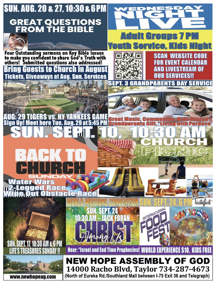 NewHope_AG_MI's tweet photo. Take a Look at what's coming up at New Hope in August &amp; September.

Can't wait to see you.

#greatquestionsfromthebible #tigersgame #grandparentsday #backtochurchsunday #churchpicnic #foodfest #worldmissions #familyfun #allarewelcomed #wednesdaynights #sundaymorning #sundaynights https://t.co/rx87i8B3Li