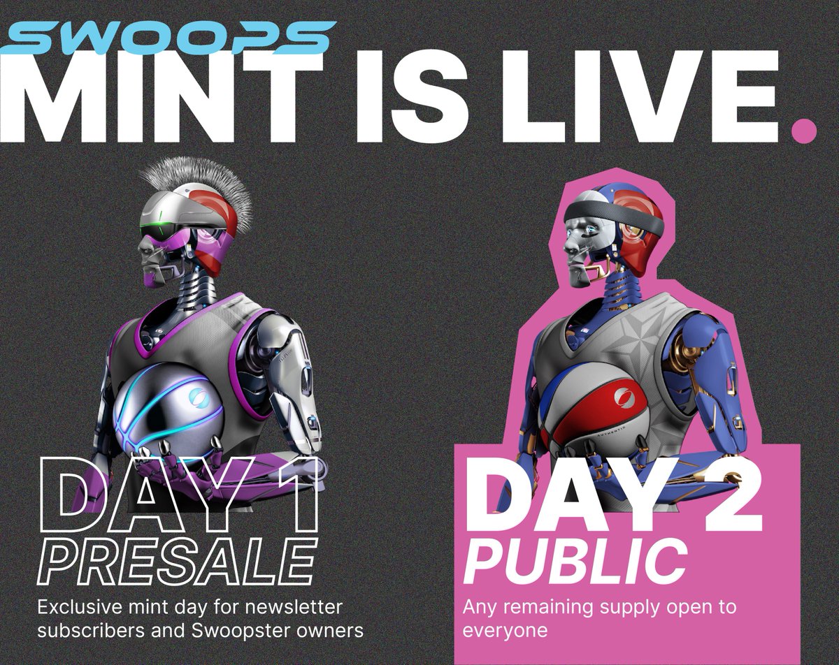 PlaySwoops's tweet image. 🚨 PUBLIC MINT IS LIVE 🚨

Our public mint is open, buy a SSN2 Rookie Swoopster or more while supply lasts!

🔹 Price: 0.05 ETH
🔹 Remaining Supply: 265
🔹 Max Mints: 3
🔹 Swoopsters: Rookie Year

➡️ drop.playswoops.com ⬅️
