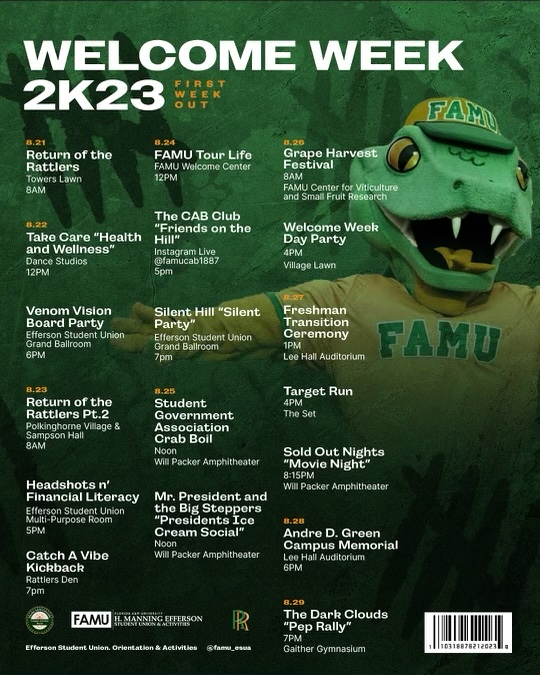 FAMU_1887's tweet image. 🐍 Return of the Rattlers! The official #FAMUWelcomeWeek schedule is here.

Are you ready? 

#FirstWeekOut #HBCULove #FAMU23 #FAMU24 #FAMU25 #FAMU26 #FAMU27 #SaveTheDate #FAMUEvents #HBCUExperience #HBCULifestyle