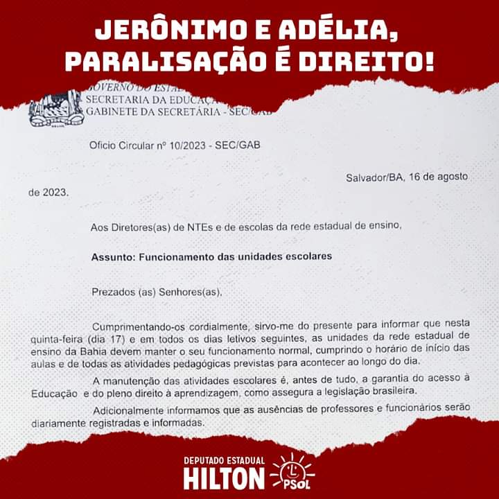 Hilton_Coelho's tweet photo. 🚨Não aceitamos retrocessos e ataques à livre organização e manifestação das educadoras/es na Bahia. O @governodabahia, através da SEC tenta desmobilizar o movimento em prol dos pagamentos dos precatórios #Fundef com juros. Autoritarismo que repudiamos!✊🏾 https://t.co/JB0uabbf4a