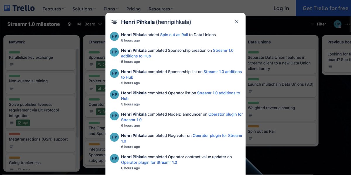✅ There's a load more green on the #Streamr 1.0 Trello board today, including going trackerless, 1.0 additions to The Hub, the operator plugin, and more. Read more and follow along! 🛣️

trello.com/b/tSRNX6YN/str…