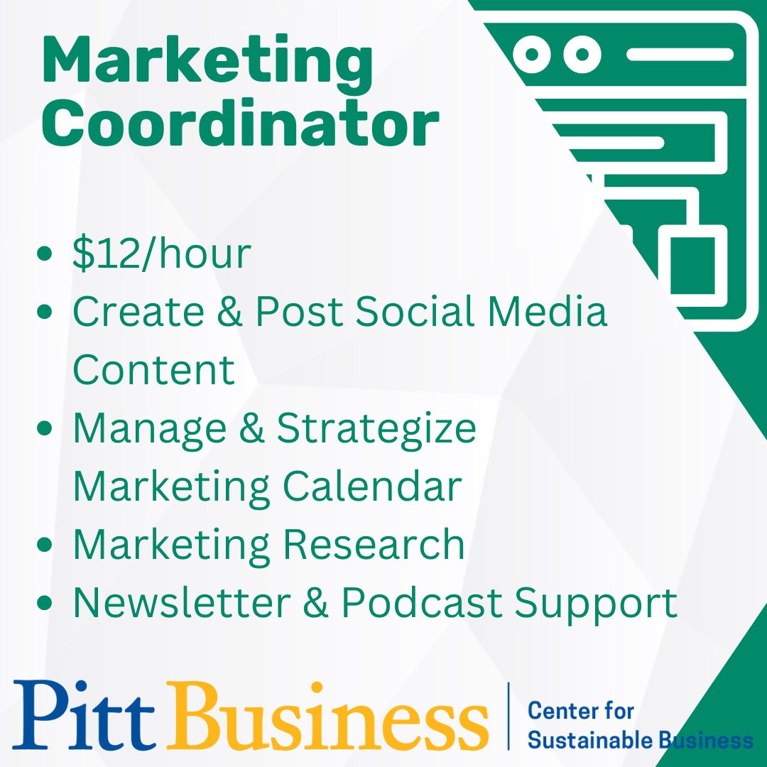 Are you looking for a competitive, flexible, on campus job? Join the CSB as our undergrad Marketing Coordinator! $12/hour Work around YOUR class schedule, have an impact, and grow your skills at the Center for Sustainable Business! pitt.ly/45vOzWa