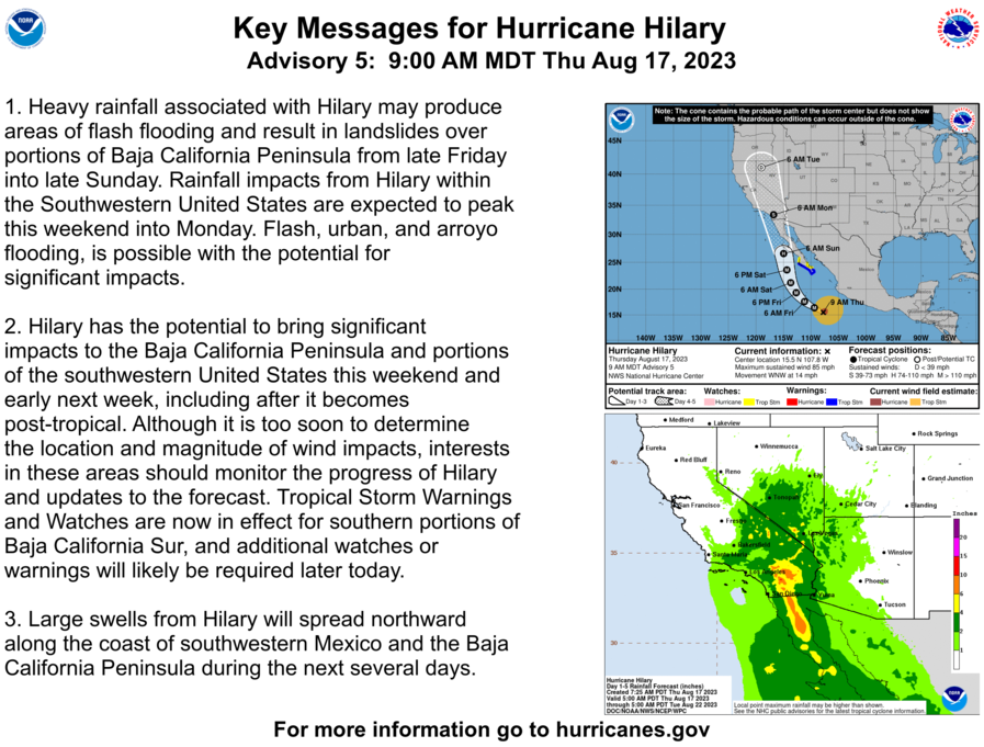 Here are the 9AM MDT Thursday, August 17 Key Messages for #Hilary.  Hilary has the potential to bring significant impacts to the Baja California peninsula and the southwestern U.S. this weekend and early next week.

nhc.noaa.gov/#Hilary