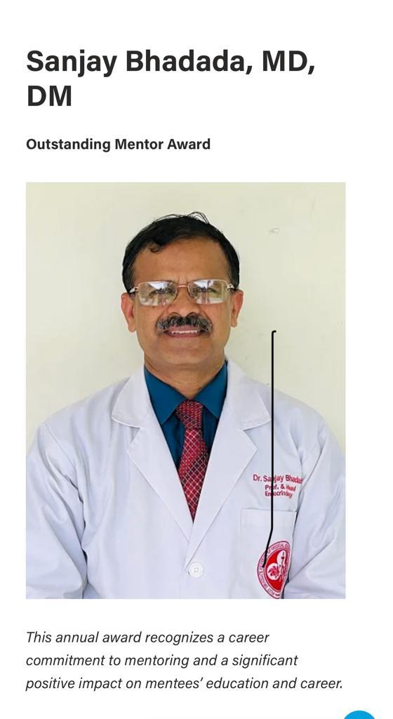 Absolutely delighted that friend and colleague Prof Sanjay Bhadada of PGIMER Chandigarh has been awarded the prestigious 
Endocrine Society 2024 Outstanding Mentor award 
A matter of great pride for the Indian endocrine fraternity.
Welcome to the Laureate Club, Sanjay