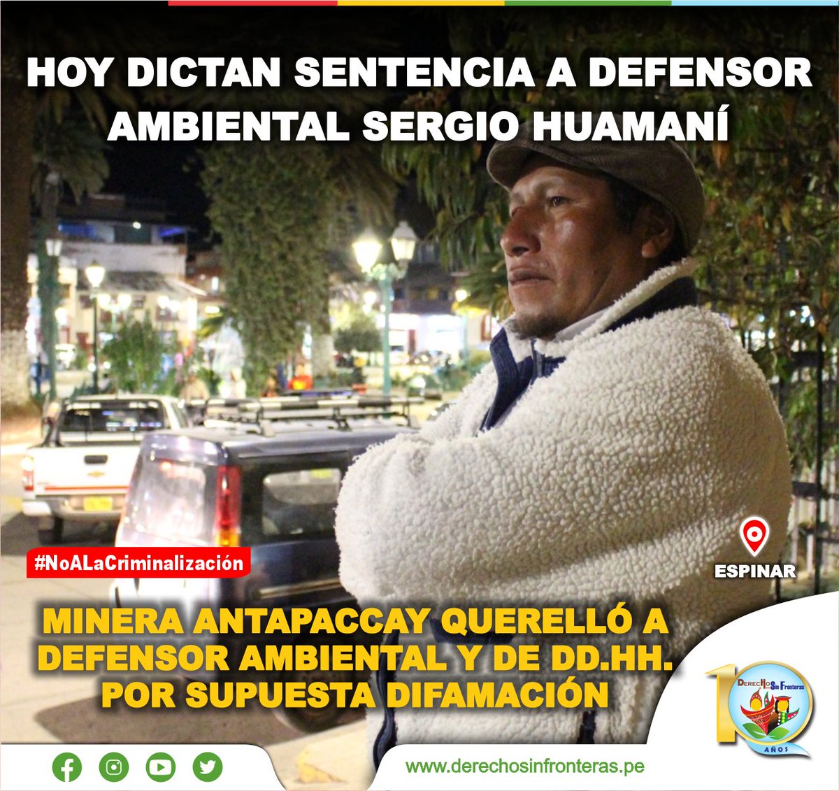 dhsfcusco's tweet photo. #Cusco 
#ALERTA
Hoy se conocerá si el #DefensorAmbiental y de derechos humanos será silenciado por supuesta difamación de contra minera #Antapaccay por hacer uso de su derecho a la #Libertad de expresión. https://t.co/OZp4nNoOhK