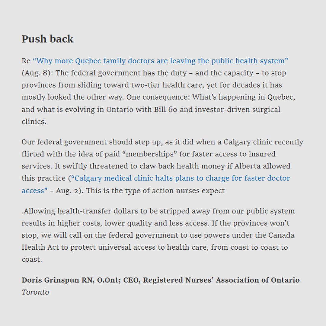 In a letter to the editor in <a href="/globeandmail/">The Globe and Mail</a>, RNAO CEO <a href="/DorisGrinspun/">Dr. Doris Grinspun 🇨🇦 RN, PhD, FAAN, O.ONT</a> says if provinces won’t stop from sliding toward two-tier health care, "we will call on the fed gov't to use powers under the #CanadaHealthAct to protect universal access to health care."

theglobeandmail.com/opinion/letter…
