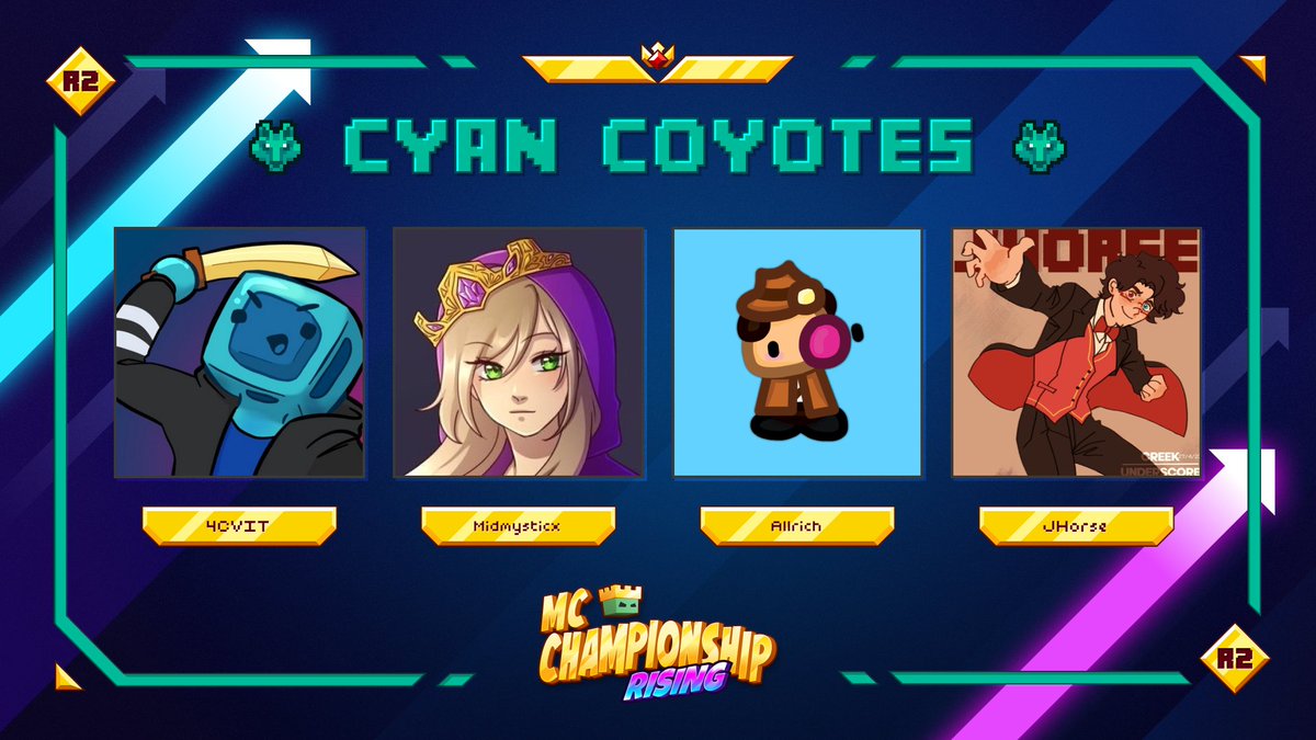 MCChampionship_'s tweet photo. 👑 Announcing team Cyan Coyotes 👑

@4_cvit @Midmysticx1 @alllrich @JHorseLive

Watch them in MCC on Saturday 26th August at 8pm BST/3pm EDT! https://t.co/hya2jetrId