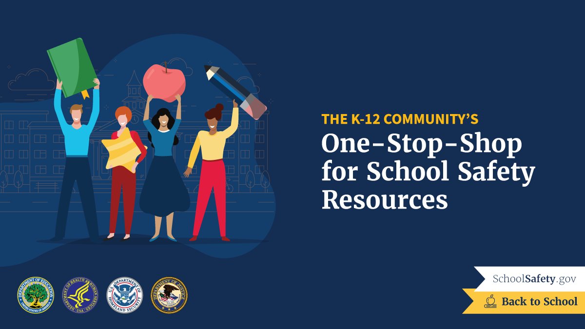 SchoolSafetyGov's tweet photo. Our #BacktoSchoolSafety Campaign encourages the K-12 community to visit https://t.co/SgFICFIL6A and use its resources and tools to create safe, welcoming, and supportive environments for students and educators. Find out how you can get involved ➡️https://t.co/JBHHT8SfYn 🍏 https://t.co/jDb18fplkD