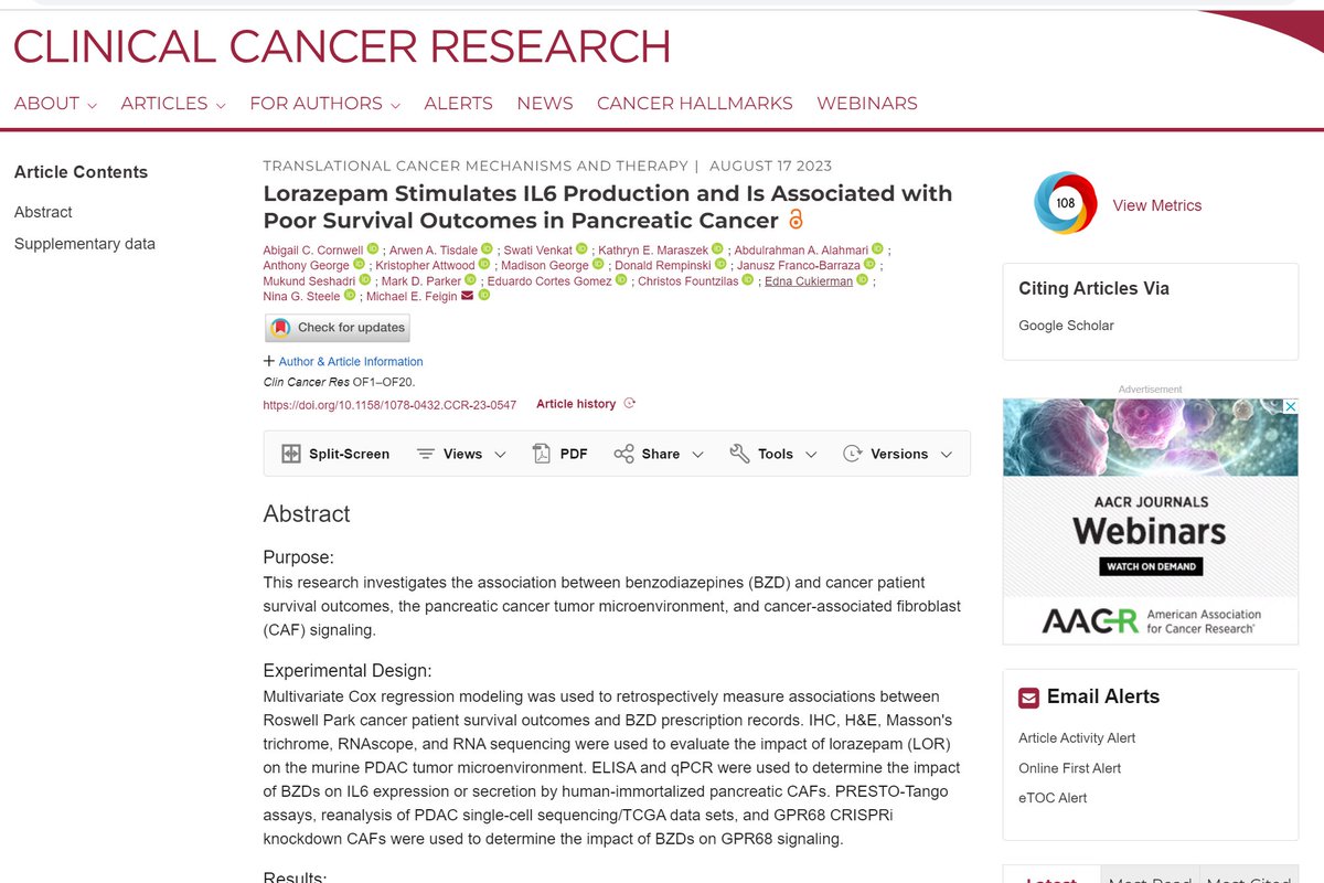 Lorazepam treatment &amp; poor pancreatic cancer outcomes <a href="/abby_cornwell_/">Abby Cornwell</a> @mike_feigin
<a href="/RoswellPark/">Roswell Park</a> <a href="/CCR_AACR/">Clinical Cancer Research</a>