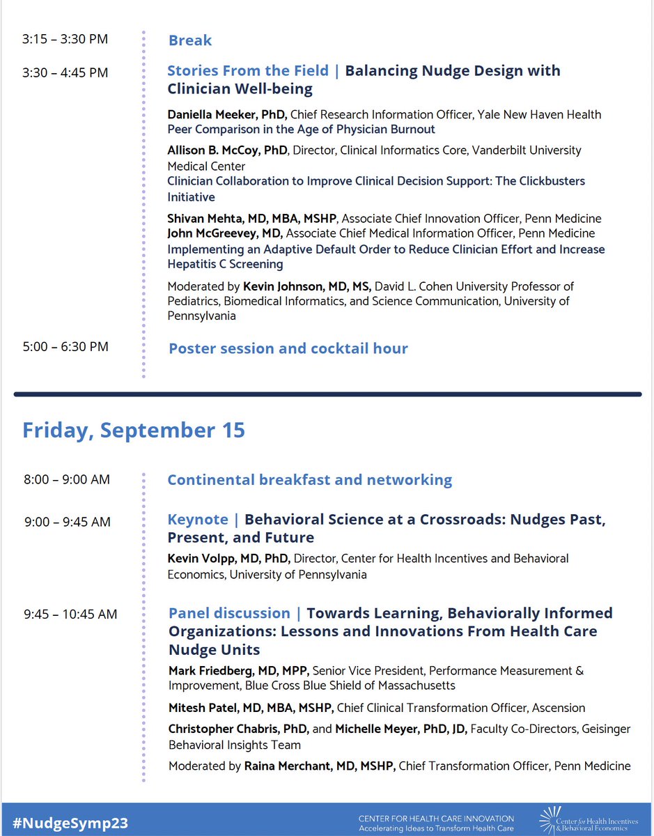 kit_delgadoMD's tweet photo. Excited to announce more details on our agenda and speakers for the 2023 Nudges in Health Care Symposium! We also accepted 40 abstracts for presentation!

There are few seats left. Register by September 1st here: https://t.co/Z4lS0gdtiV https://t.co/Dhav623CRd