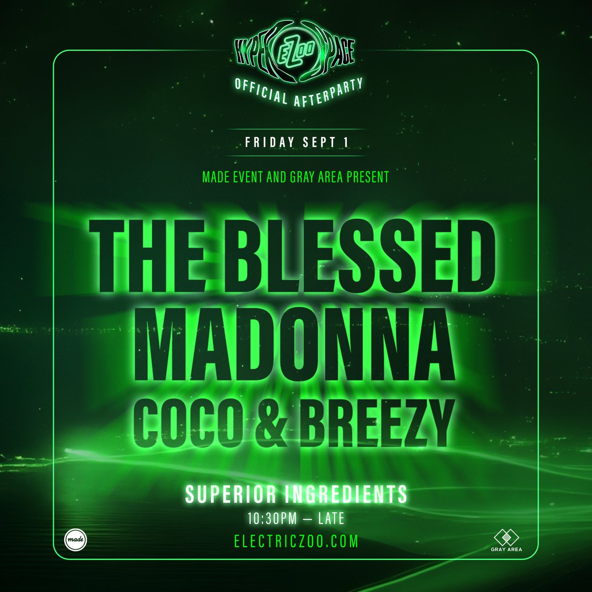 Made Event (@madeevent) on Twitter photo After <a href="/ElectricZooNY/">Electric Zoo Festival</a>, we keep the party going with The Blessed Madonna at Superior Ingredients for an official afterparty on Sept 1 with <a href="/cocoandbreezy/">Coco and Breezy</a> and more.
Tickets are now on-sale to the general public: bit.ly/BlessedMadonnaโฆ After <a href="/ElectricZooNY/">Electric Zoo Festival</a>, we keep the party going with The Blessed Madonna at Superior Ingredients for an official afterparty on Sept 1 with <a href="/cocoandbreezy/">Coco and Breezy</a> and more.
Tickets are now on-sale to the general public: bit.ly/BlessedMadonnaโฆ