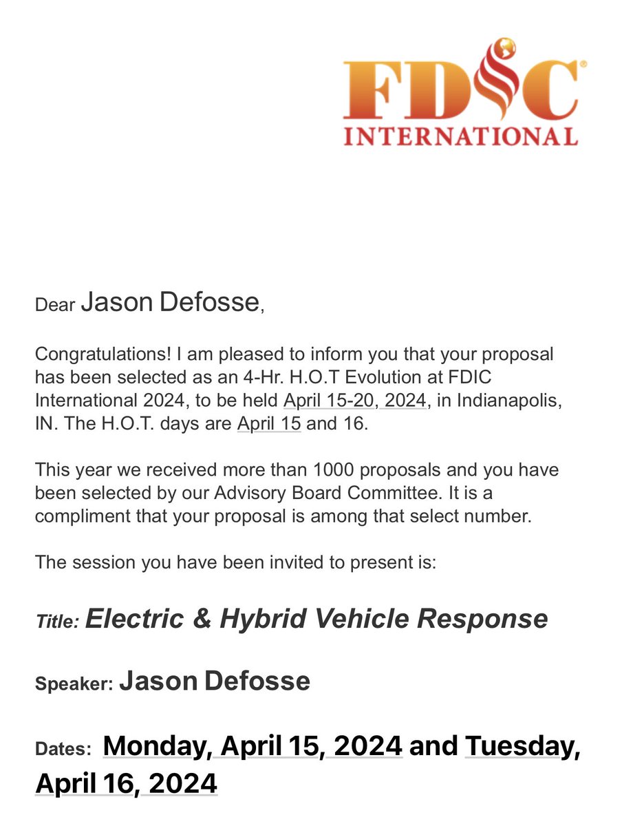 Very honored and excited to have the opportunity to return to <a href="/FDICevent/">FDIC International</a> with the team to deliver 2 Days Of H.O.T Classes plus additional Classroom on Electric &amp; Hybrid Vehicle Response Extrication Training. Thank you David Rhodes, Diane Feldman Rothschild and team
