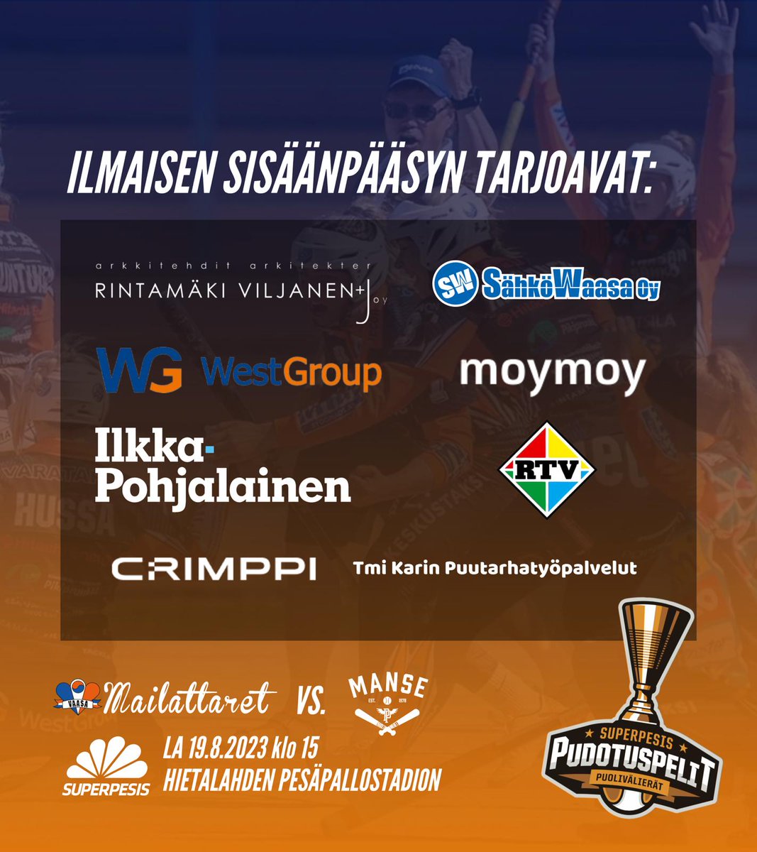 Toinen puolivälierä Mailattaret-MansePP la 19.8. klo 15 Hietalahdessa! 
Otteluun on 𝗜𝗟𝗠𝗔𝗜𝗡𝗘𝗡 𝗦𝗜𝗦𝗔̈𝗔̈𝗡𝗣𝗔̈𝗔̈𝗦𝗬, jonka meidän tukijat ovat mahdollistaneet! Ota kaveri mukaan ja tule kannustamaan Mailattaret voittoon! 

#pesis #vaasa #vasa #superpesis #playoff