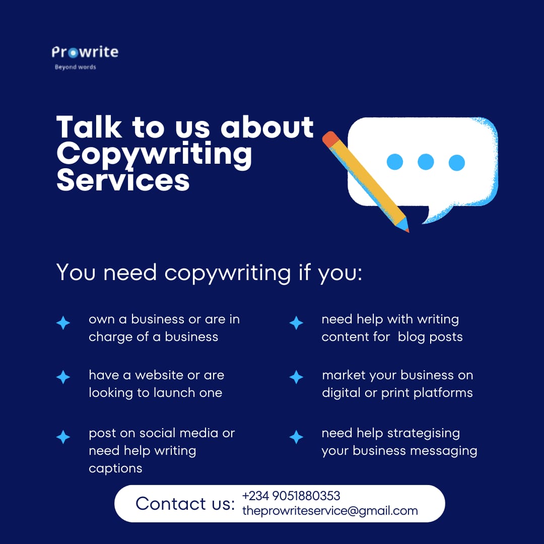 From website contents to content creation and blog posts, look no further! Our copywriting services have got you covered. Talk to us today.

#Copywriting
#ContentCreation
#Writing
#WeWrite
#BusinessWriting
#AcademicWriting
#Prowrite