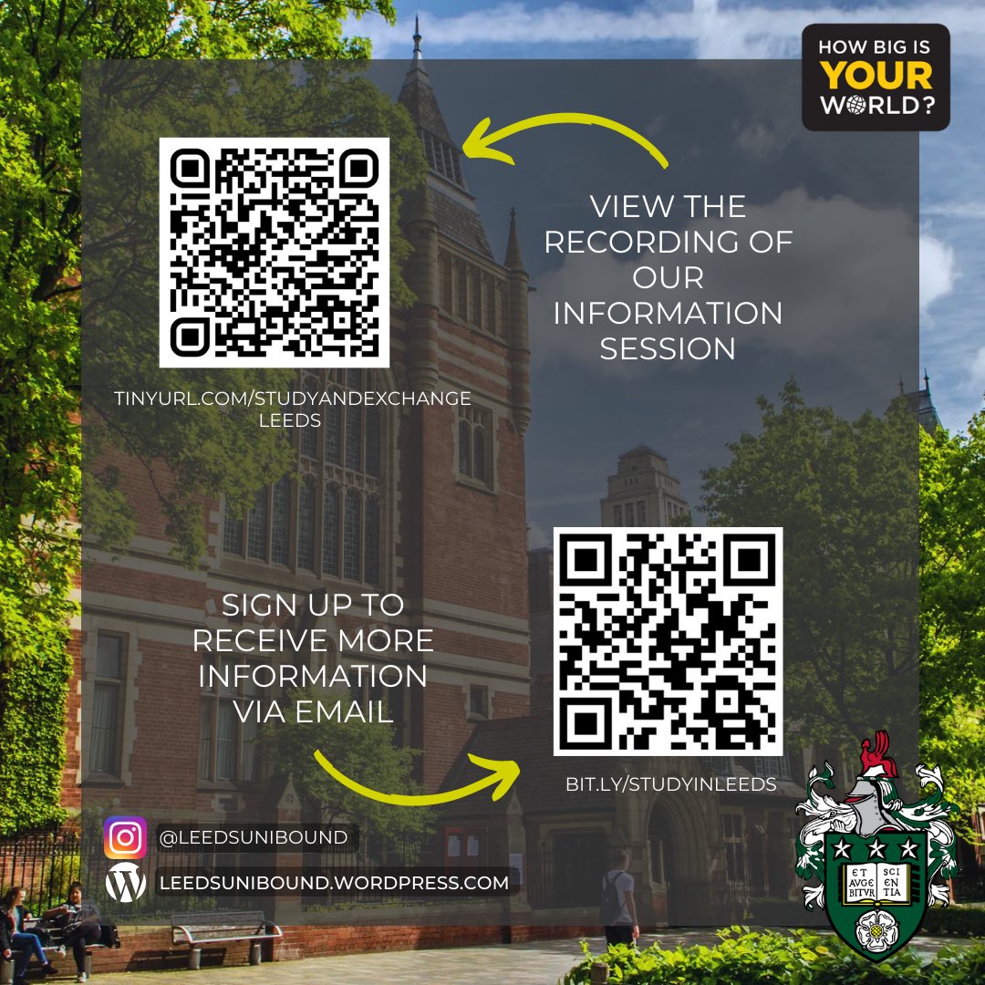 Interested in pursuing your education abroad? Well here's an opportunity for you! The University of Leeds is hosting two information sessions for interested students. Be sure to tune in August 21st and 23rd to get more information!!!
#TUabroad