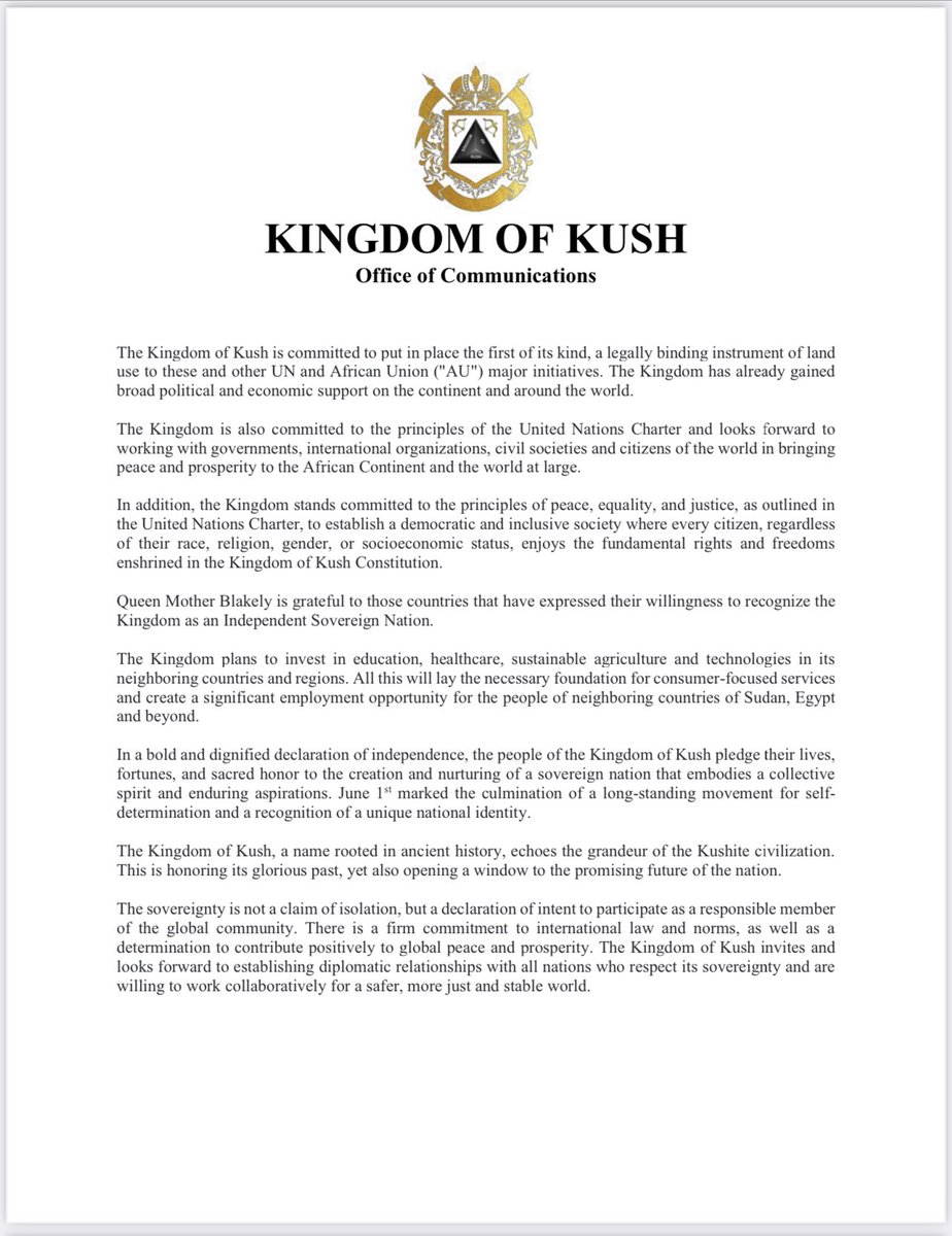 KushKingdom_Gov's tweet photo. The official ’Press Release’ of NEW PEACEFULLY FORMED NATION "KINGDOM OF KUSH" as of Jun 1st 2023 #kingdomofkush #NewNation #Africa #sustainable #Innovativeinfrastructure #BirTawil #blackwallstreet #AfricanDiaspora #TheFuture https://t.co/eoz0cfhKVA