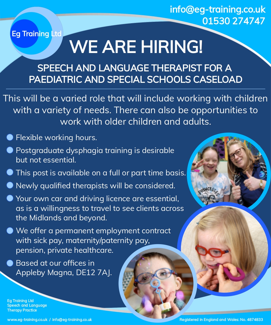 #HiringNow 📢 

At Eg Training, we are hiring for several positions and would love to welcome new talented SLTs to join our team. Please check out our posts below and do not hesitate to get in touch with us to ask any questions. 

#SLCNjobs #speechandlanguagetherapy #SALTcareer