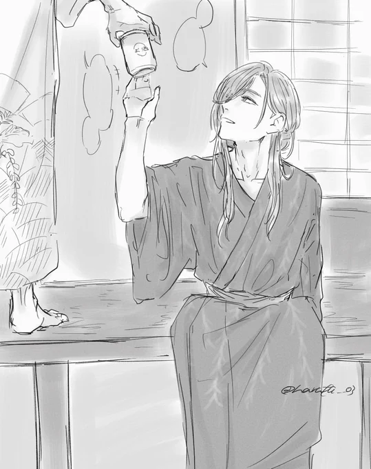 昨日線画した絵の色塗り頑張ってる૮ ֊  ̫ ֊ ა
これは息抜き雑落書きだよ~

まだ飲むんですか…? 