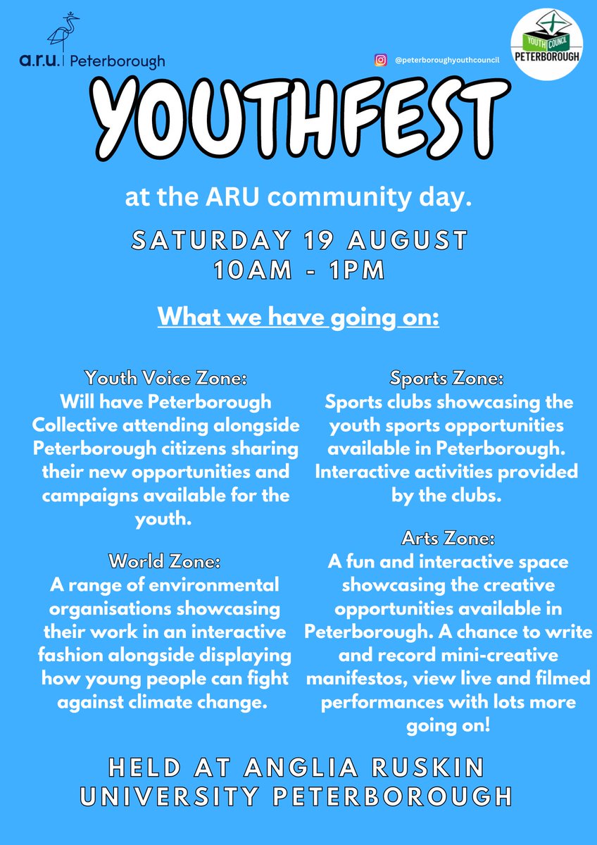 PboroYouthVoice's tweet photo. Come along to the Youth Council YouthFest at the Peterborough @AngliaRuskin Community Day between 10am-1pm!

We are also running a Question Time event from 1:30pm to 2:30pm with high-profile decision makers.

#YouthVoicePeterborough https://t.co/3iBDCcxlJD