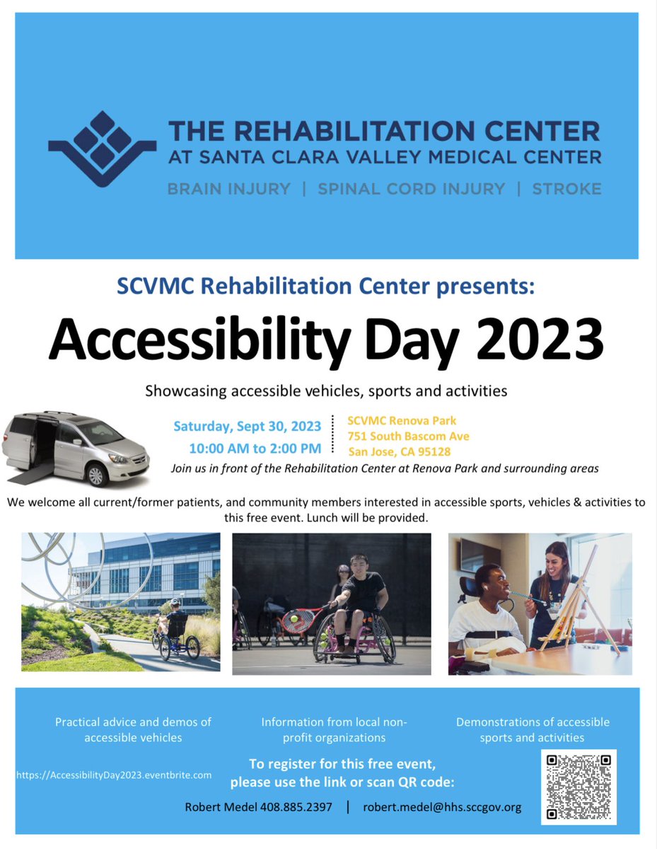 Join us at Santa Clara Valley Medical Center for our annual Accessibility Day on 9/30/23. We will be showcasing accessible gaming, sports, recreational activities, climbing, vehicles and community resources.  

Register for 🆓 here ⬇️⬇️
eventbrite.com/e/accessibilit…