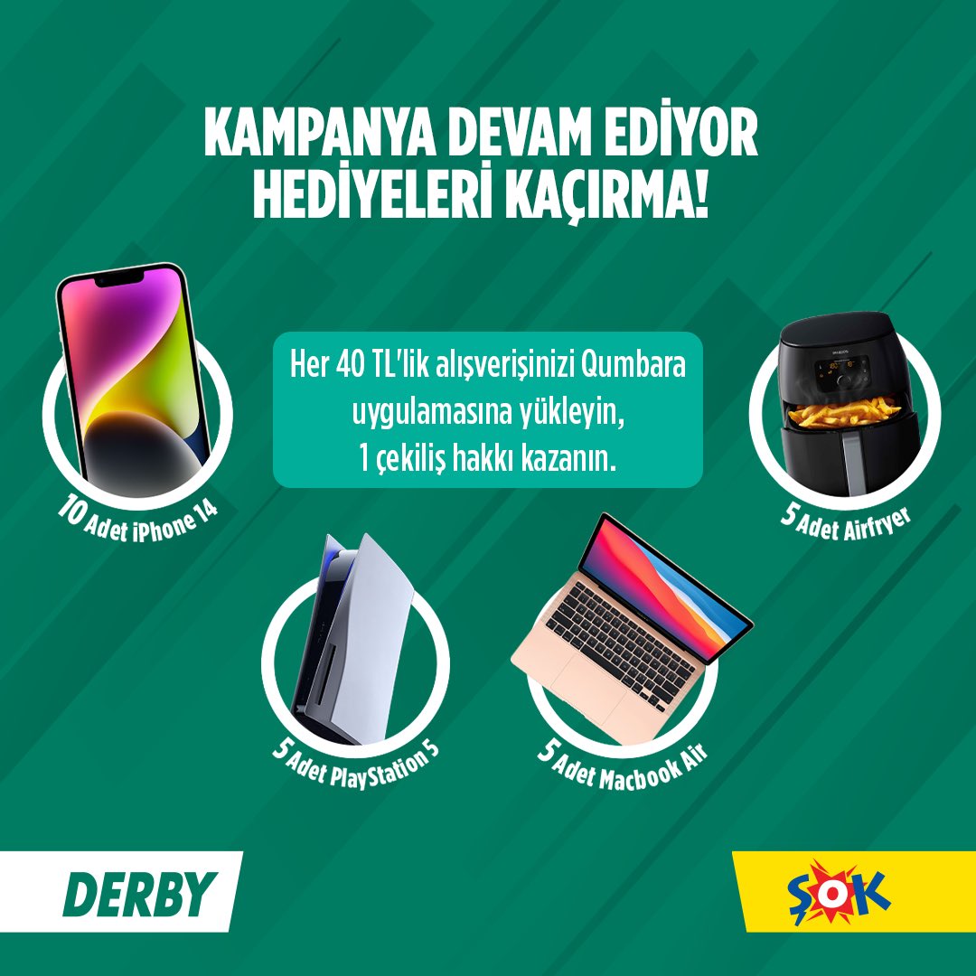 Harika hediyeler için Ver Bi’ Derby! Büyük kampanya devam ediyor, Şok Marketler’den yapacağınız her 40 TL’lik alışverişinizi Qumbara uygulamasına yükleyin, 1 çekiliş hakkı kazanın! 😎 #Derby #VerBiDerby