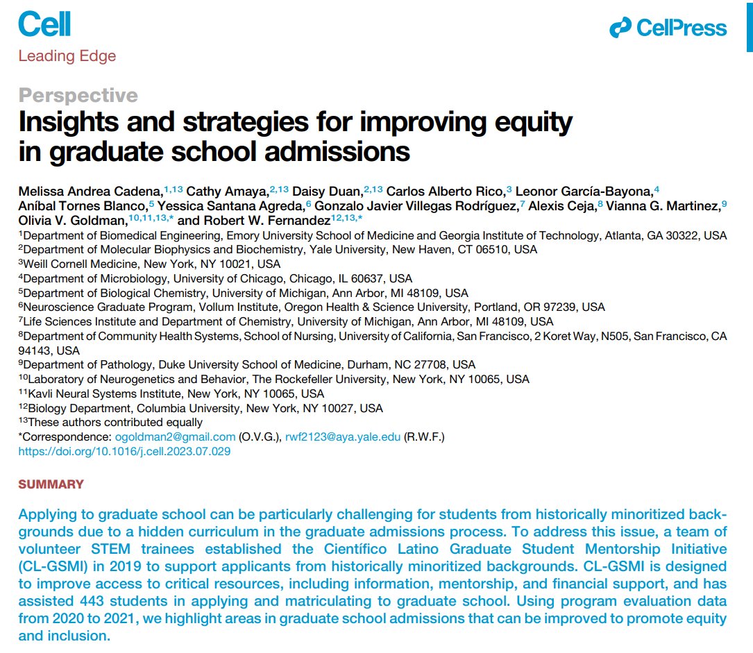 Out now in @CellCellPress! doi.org/10.1016/j.cell… Historically marginalized student representation drastically drops from undergrad to grad school. Are underrepresented students unqualified? Or are grad school admissions unnecessarily confusing, costly, & gatekeeping? 1/🧵