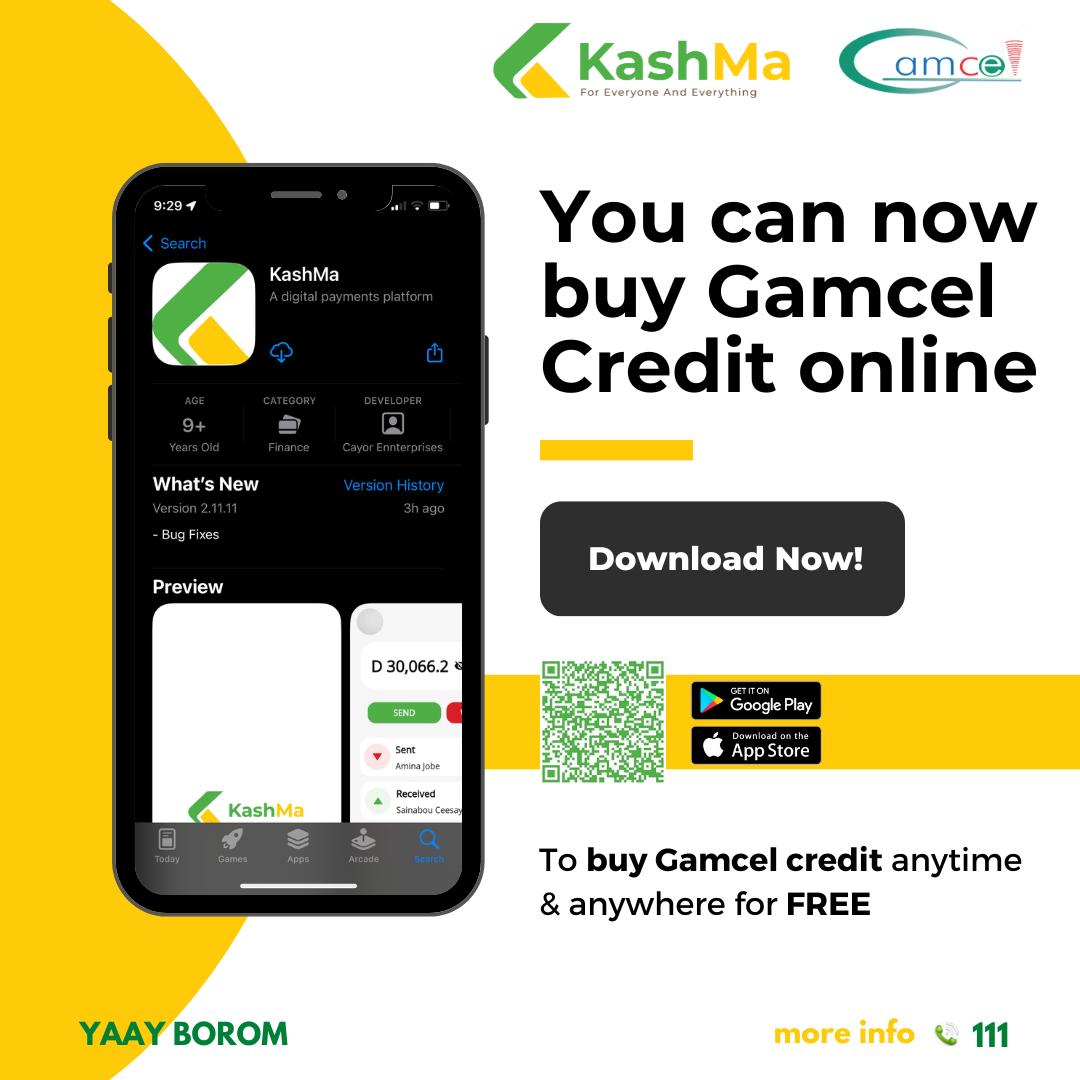 Gamcellgm's tweet photo. #Gamcel 
Now Gamcel customers can conveniently buy credit with "Kashma App" online. Get the App for both Android &amp; Apple devices from the link below. https://t.co/aPG6eQ9wl7
#Yaayborom https://t.co/Qia27Yxx0n