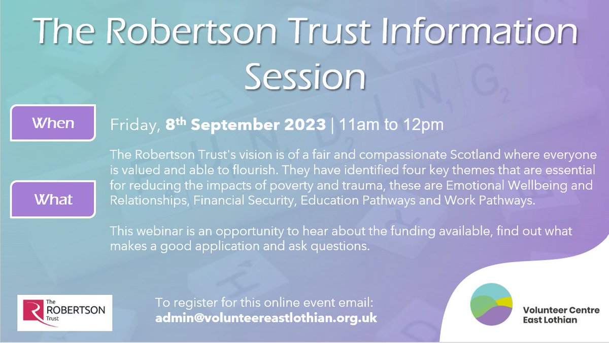 VolunteerEL's tweet photo. We're very excited to announce that we are hosting a funding information webinar in conjunction with @RobertsonTrust 
https://t.co/vkUUBurmNv
To register please email admin@volunteereastlothian.org.uk https://t.co/MJCbCfMiu3