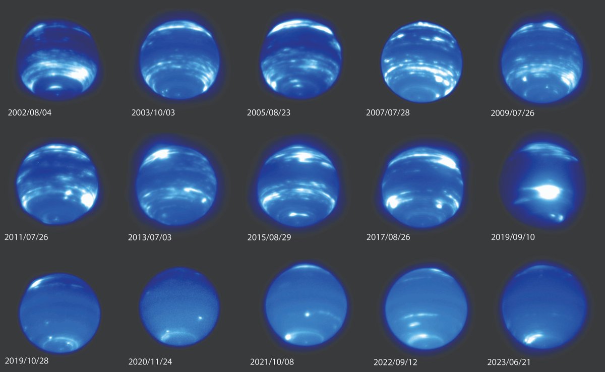 📸 Keck II Telescope images from 2002-2023 of Neptune's clouds disappearing over time. Credit: Imke de Pater, Erandi Chavez, Erin Redwing (UC Berkeley)/W. M. Keck Observatory