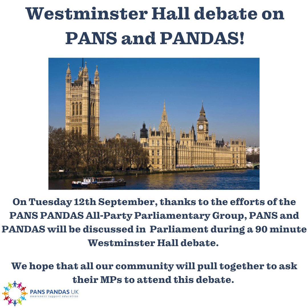 A date has now been set for the parliamentary debate in early September. Please click here bit.ly/3DYqECQ to find out how you can make a real difference to the way PANS and PANDAS are treated in the UK.

#MPs #Parliament #PANS #PANDAS #Debate #UKParliament #PANSPANDASUK