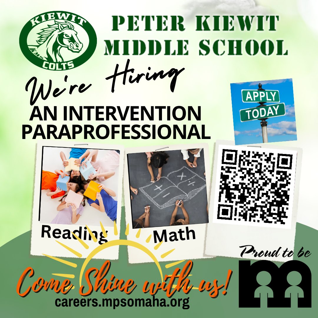 Do you need an opportunity with flexible hours? The Kiewit Colts family is looking for you! Kiewit Middle School is looking for three positive, team players.  Come SHINE with the Colts! #Proud2bMPS #SHINEwithMPS @MPSHR #kiewitcolts @mps_kiewit