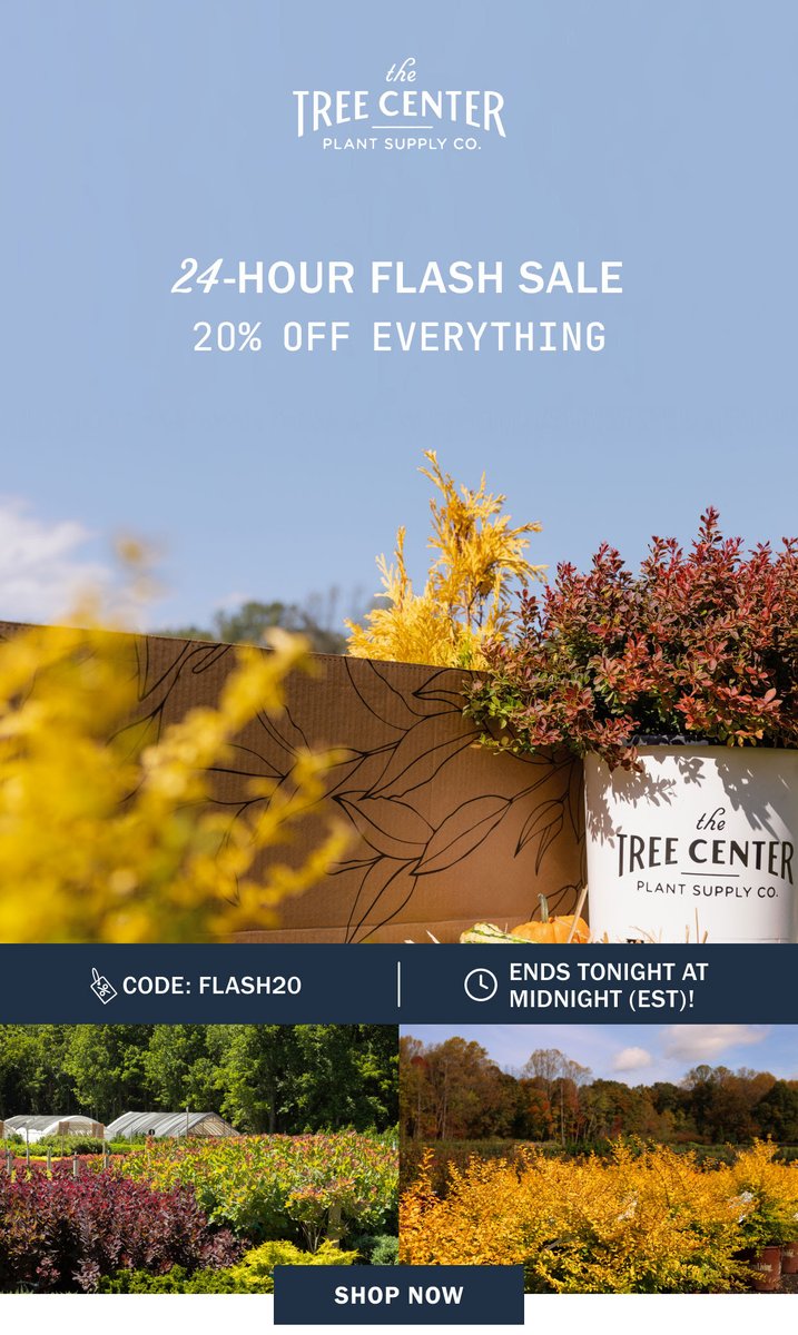 Attention! Attention! FLASH SALE taking place for the next 24-hours. Take an ADDITIONAL 20% OFF any tree, shrub, plant or perennial we sell - INCLUDING items already on sale! Simply enter the code FLASH20 during checkout to apply the savings.

thetreecenter.com