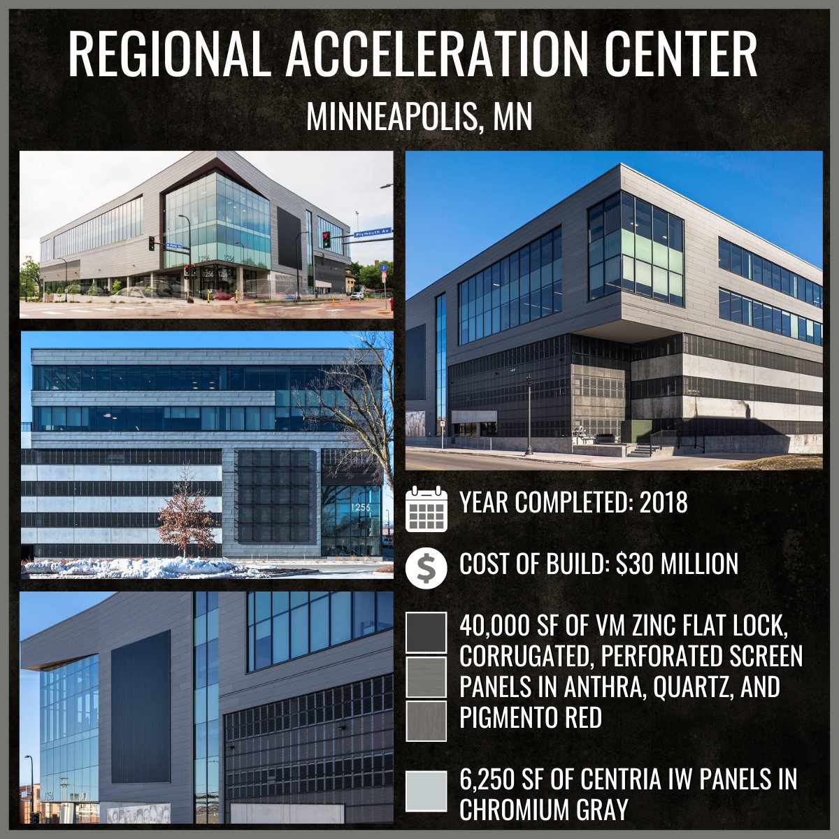 M3Sixty's tweet photo. #TBT to the Regional Acceleration Center project that was completed in MPLS, MN in 2018.

M3Sixty provided 40,000 SF of VM Zinc flat lock, corrugated, perforated screen panels in Anthra, Quartz, and Pigmento Red.

We also supplied 6,250 SF of Centria IW series metal panels. https://t.co/QeDtsJpuDO