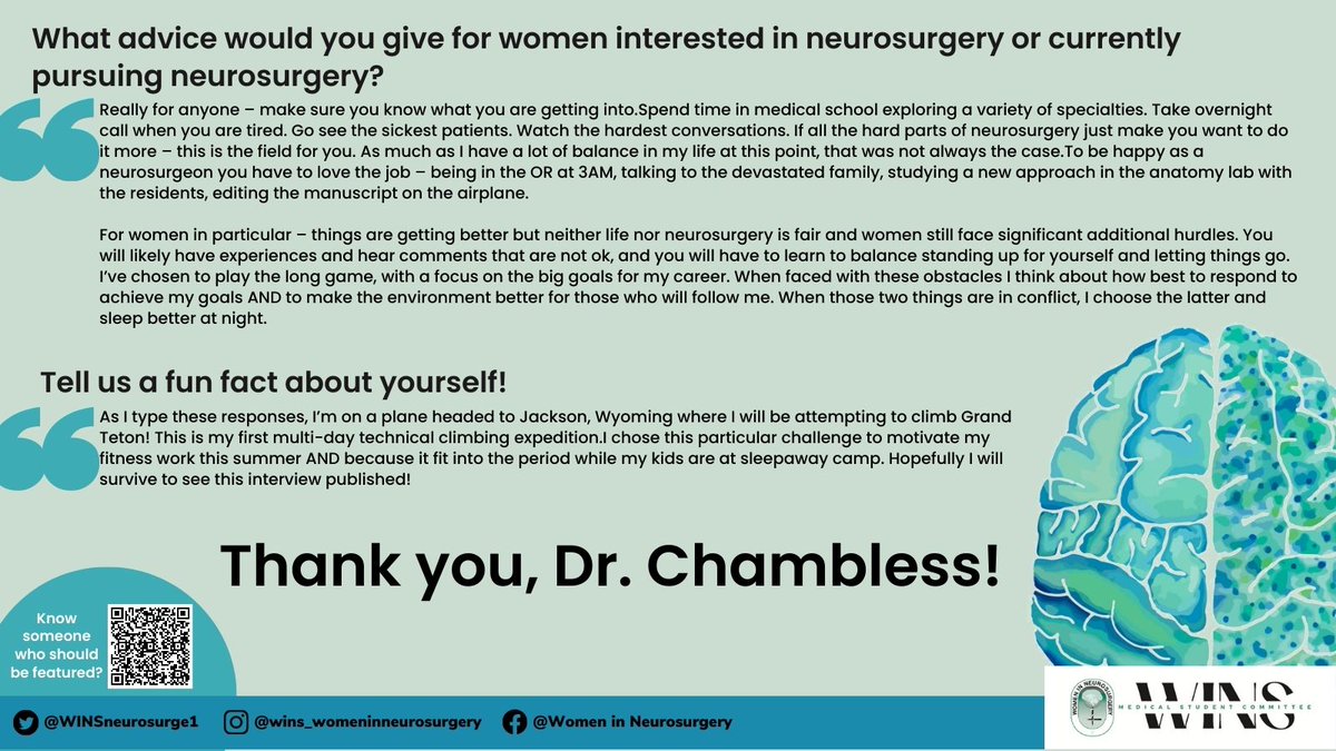 Dr. Lola Chambless @lola_chambless is our August WINS Woman of the Month! Dr. Chambless is the Residency Program Director at @VUMC_neurosurg and a star member of our WINS community 🌟 #WomenInNeurosurgery #Neurosurgery #ILookLikeaSurgeon #MedEd