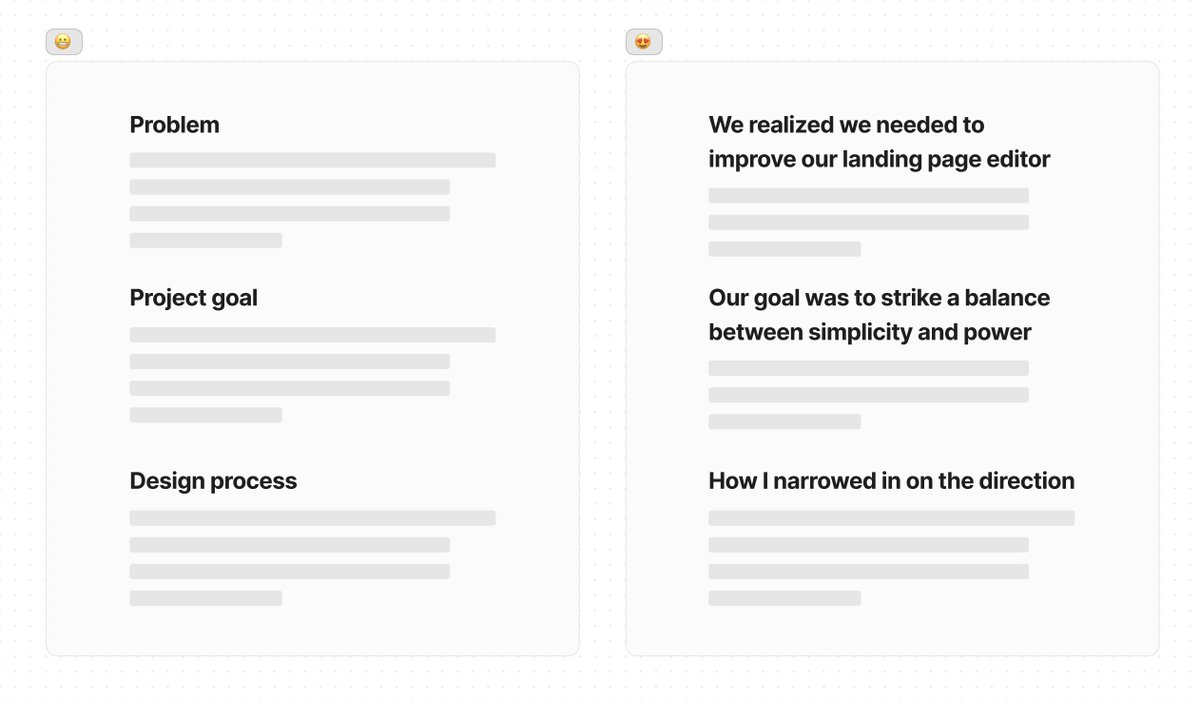 As a hiring manager, I'm giving your portfolio project 20-30 seconds to hook me...

So make it SKIMMABLE

✅ The easiest way to do that is to make sure I get the gist by ONLY reading your headings 👀

❌ Labels like "Problem" and "Process" are a wasted opportunity