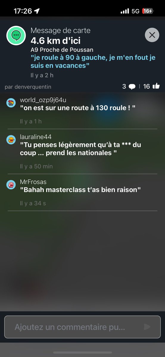 MrFrosis_os's tweet photo. Thread : les meilleurs messages Waze de mon voyage

Elle est vénère lauraline44 https://t.co/iyRs1iaaf4