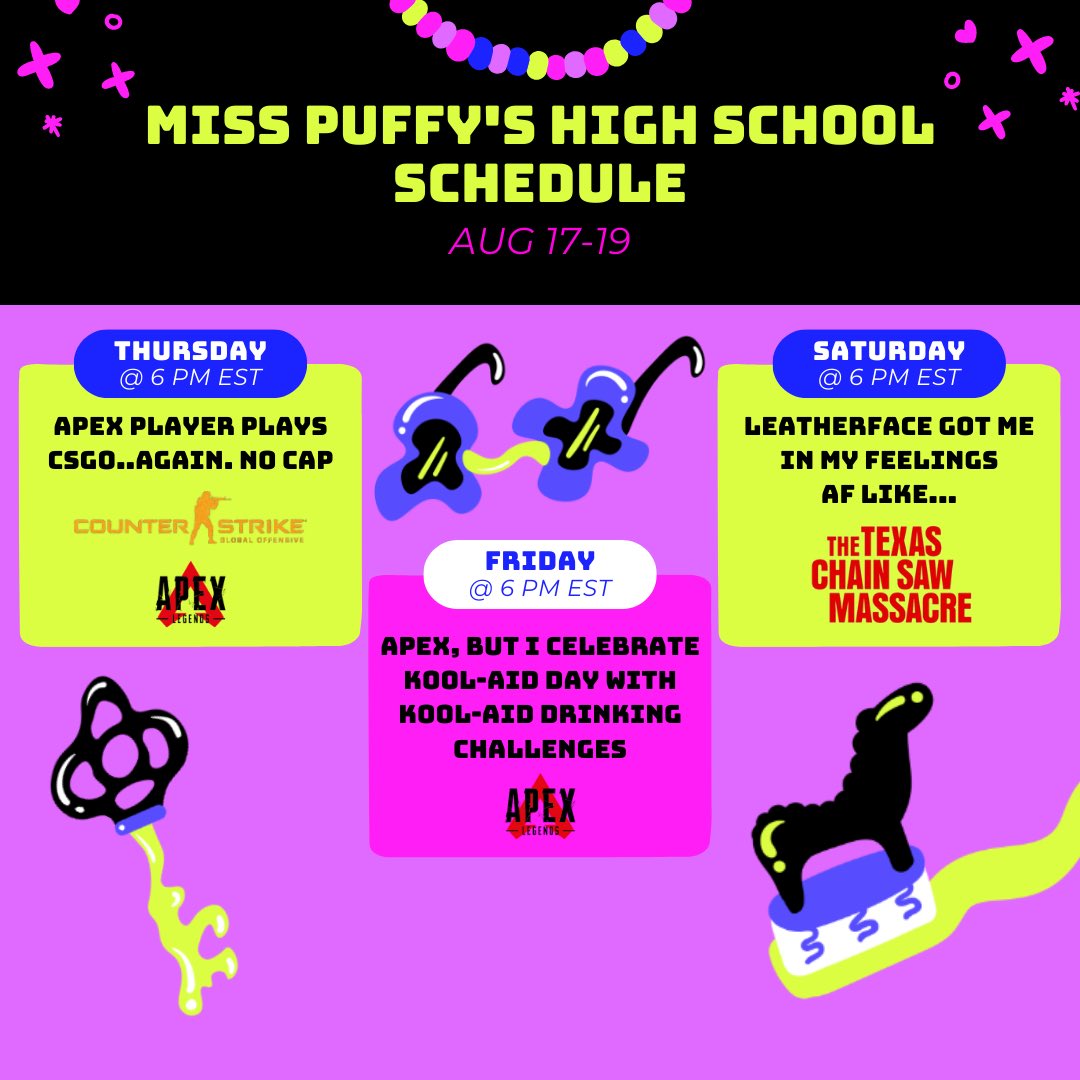 it’s high school week baby! here’s this week’s twitch schedule twitch.tv/puffyroll