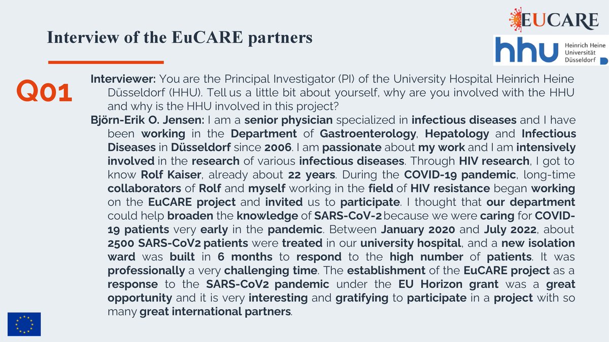 ResearchEucare's tweet photo. “Cooperation is the key to success”- is what Björn-Erik O. Jensen from the University Hospital Heinrich Heine Düsseldorf point up in his interview for the EuCARE. Read below the full interview! #COVID19 #research #EuCARE #EuCAREpartners #hospilatized #PASC #HCW
@HHU_de https://t.co/ifS5sXiZCQ