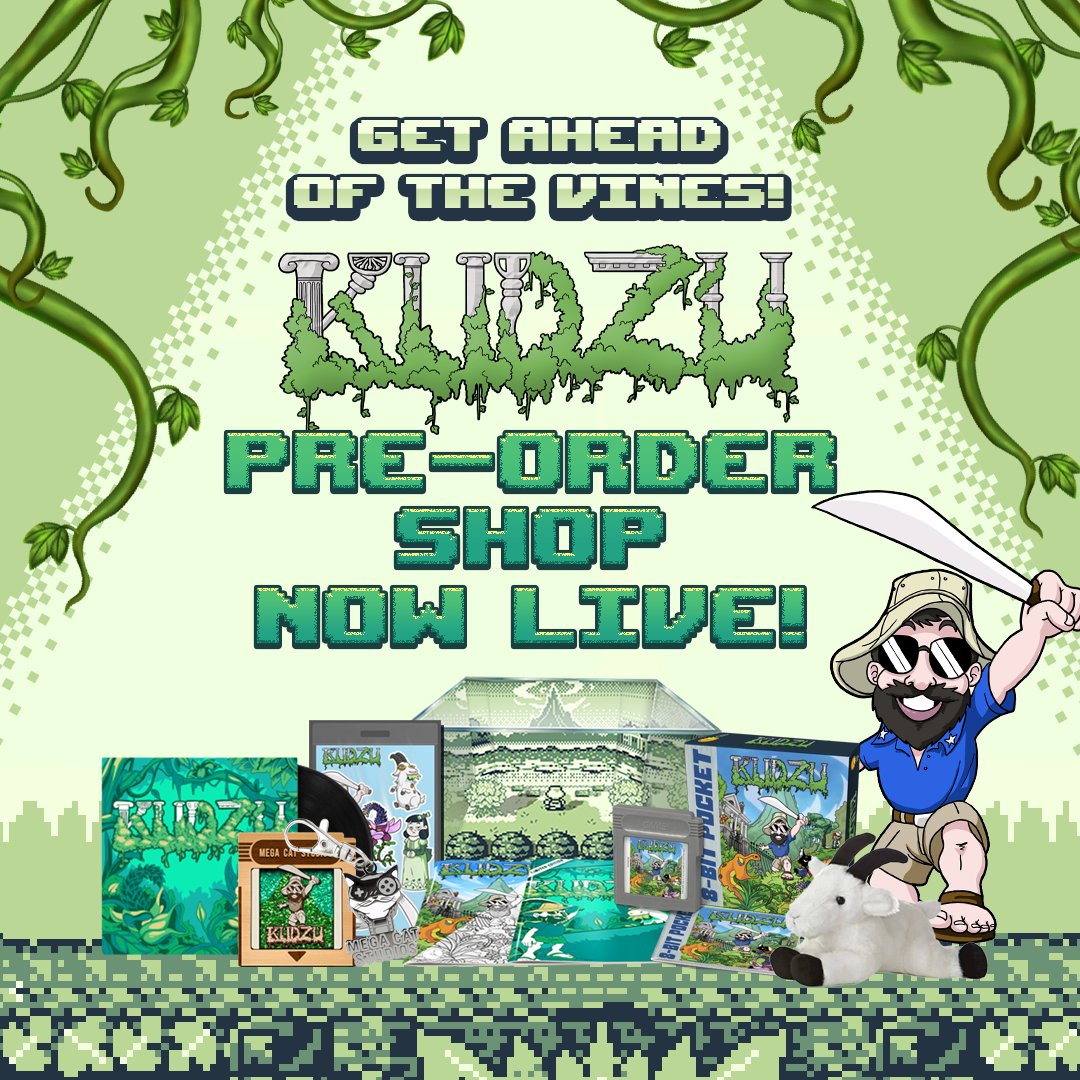 Ready to dive into the leafy adventure? #Kudzu's pre-order store is now open! 🌿🎮

Be part of an epic journey filled with nature's wonders and thrilling challenges. From the classic #GameBoy cartridge to the mesmerizing OST vinyl and even an adorable goat plushie, we've got