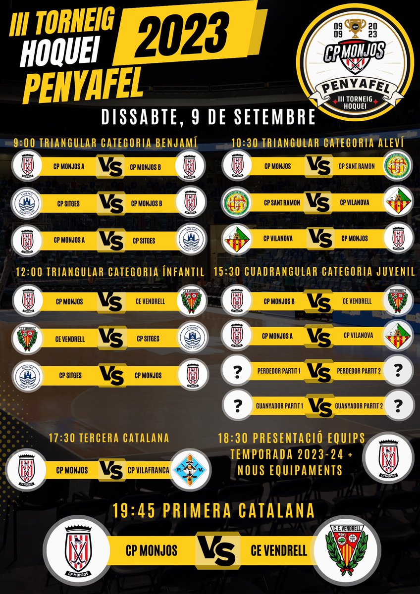 III TORNEIG D’HOQUEI PENYAFEL
El 9 de setembre
Triangular de les  diferents categories de la base.
Partit del tercera catalana.
Presentació dels equips temporada 2023-2024.
Presentació noves equipacions.
Partit del CP monjos primera catalana VS CEVendrell